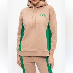 GANNI Women's Software Block Isoli Oversized Hoodie Tan Green Cotton Size S/M‎